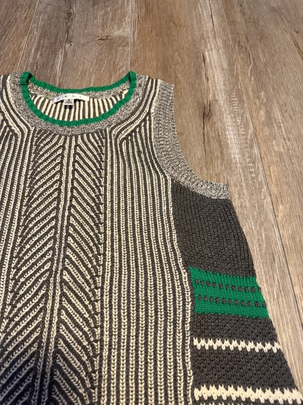 CAbi Striped Knit Sleeveless Pullover in Black, White & Green